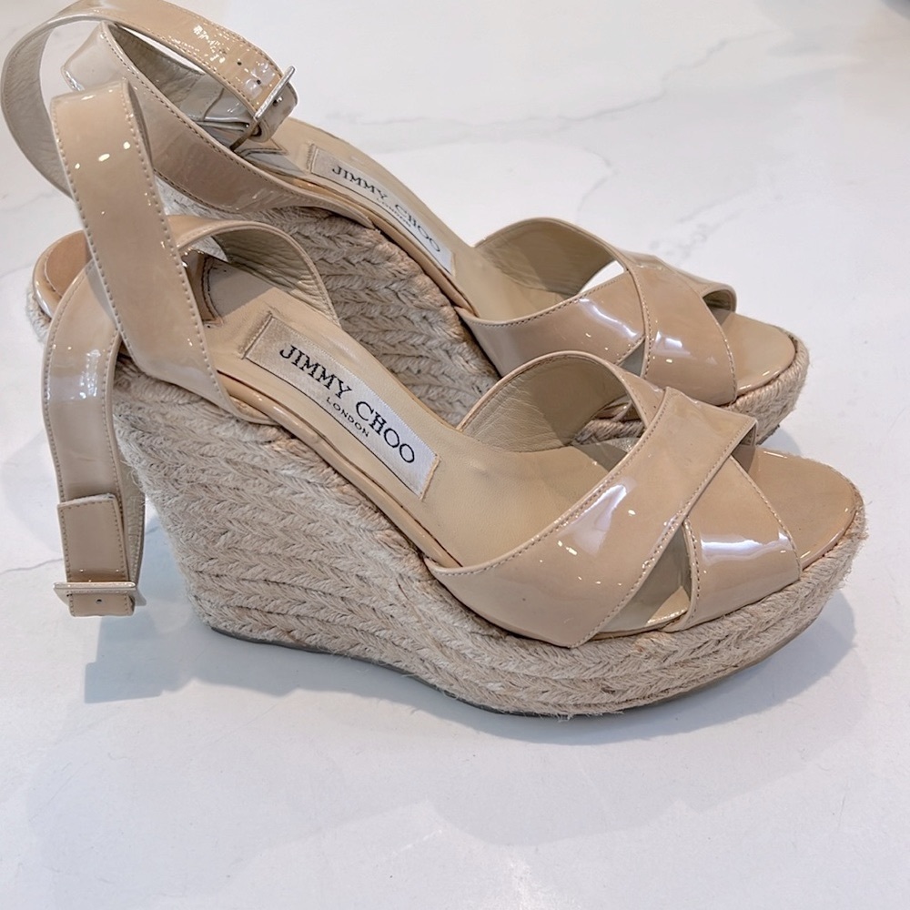 Jimmy Choo Nude Patent Leather Espadrille Wedge Sandals